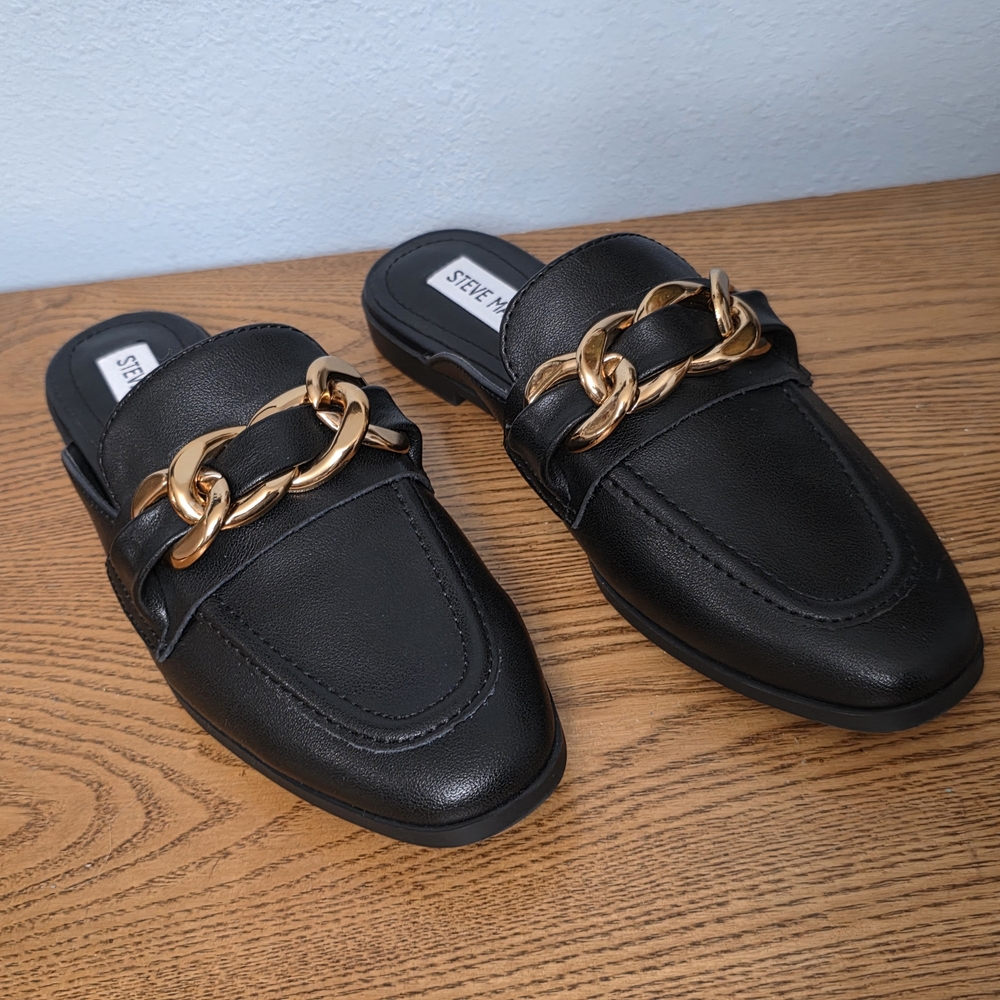 Steve Madden Black Loafers with Gold Chain Detail